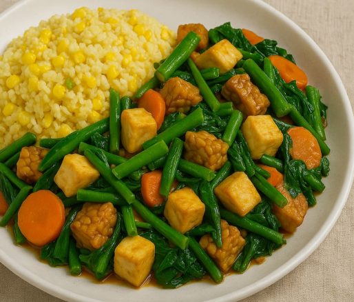Tumis Tempe Tahu dengan Sayuran dan Nasi Jagung