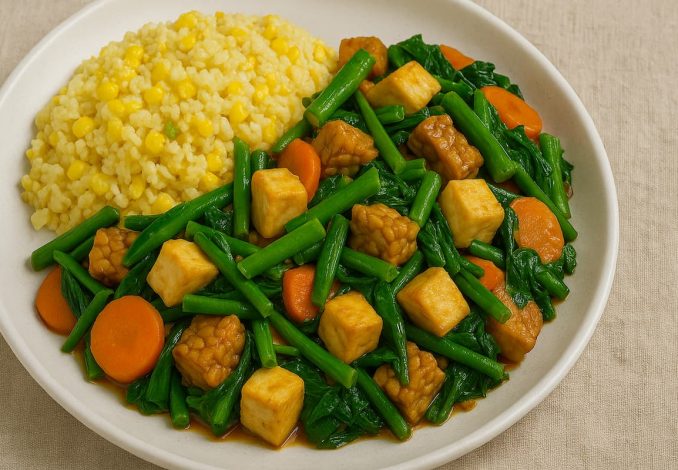 Tumis Tempe Tahu dengan Sayuran dan Nasi Jagung