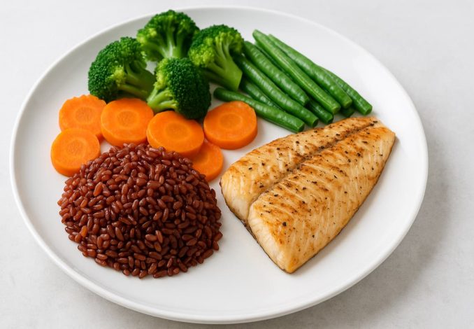 Nasi Merah dengan Ikan Panggang dan Sayuran Kukus