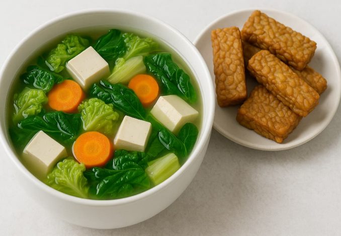 Sup Bening Tahu Sayur dengan Tempe Goreng