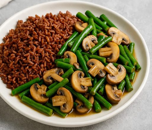 Tumis Jamur + Kacang Panjang + Nasi Merah