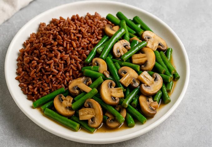 Tumis Jamur + Kacang Panjang + Nasi Merah