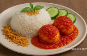 Nasi uduk dengan telur balado